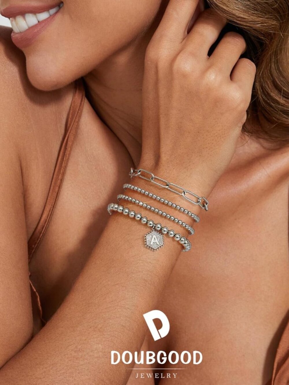 Gold Bracelets for Women, 14K Gold Plated Stackable Initial Beaded Bracelet with - Picture 2 of 6